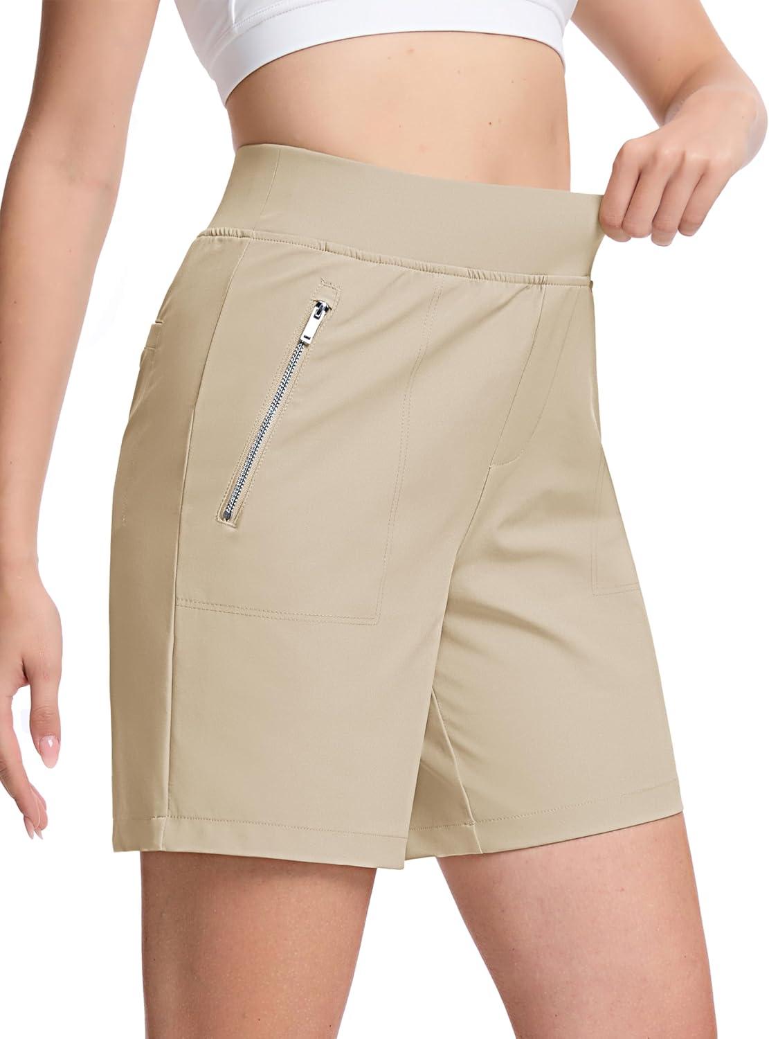 imageTACVASEN Womens 7 High Waisted Hiking Golf Shorts Lightweight Stretch Athletic Shorts Summer Outdoor with Zipper PocketsLightkhaki
