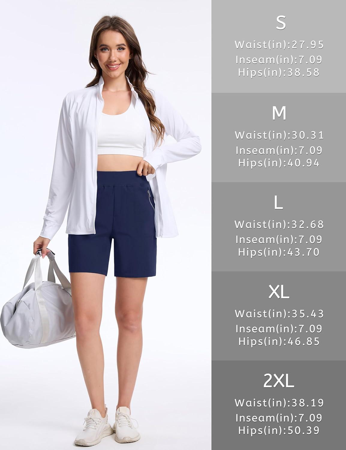 imageTACVASEN Womens 7 High Waisted Hiking Golf Shorts Lightweight Stretch Athletic Shorts Summer Outdoor with Zipper PocketsNavy