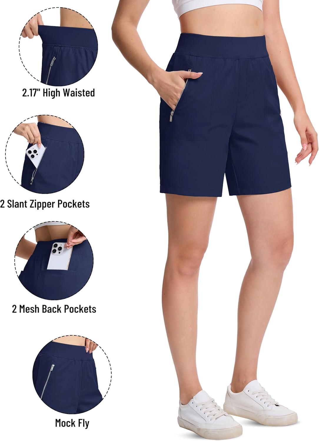 imageTACVASEN Womens 7 High Waisted Hiking Golf Shorts Lightweight Stretch Athletic Shorts Summer Outdoor with Zipper PocketsNavy