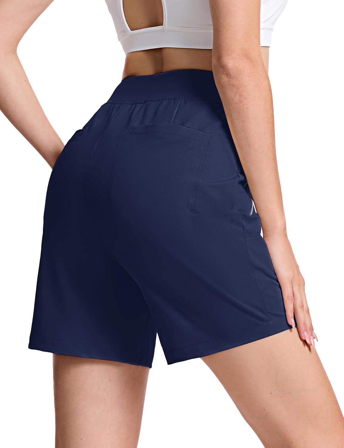 imageTACVASEN Womens 7 High Waisted Hiking Golf Shorts Lightweight Stretch Athletic Shorts Summer Outdoor with Zipper PocketsNavy
