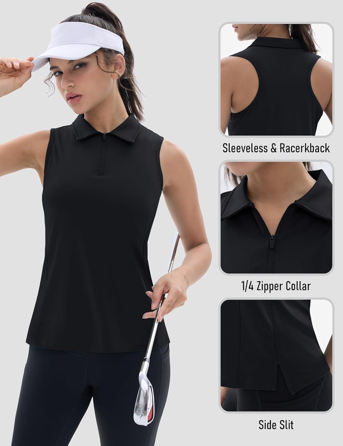 imageTACVASEN Womens Golf Shirts Sleeveless Racerback Polo Shirt UPF 50 Zip Up Moisture Wicking Workout Tennis Athletic Tank TopsBlack