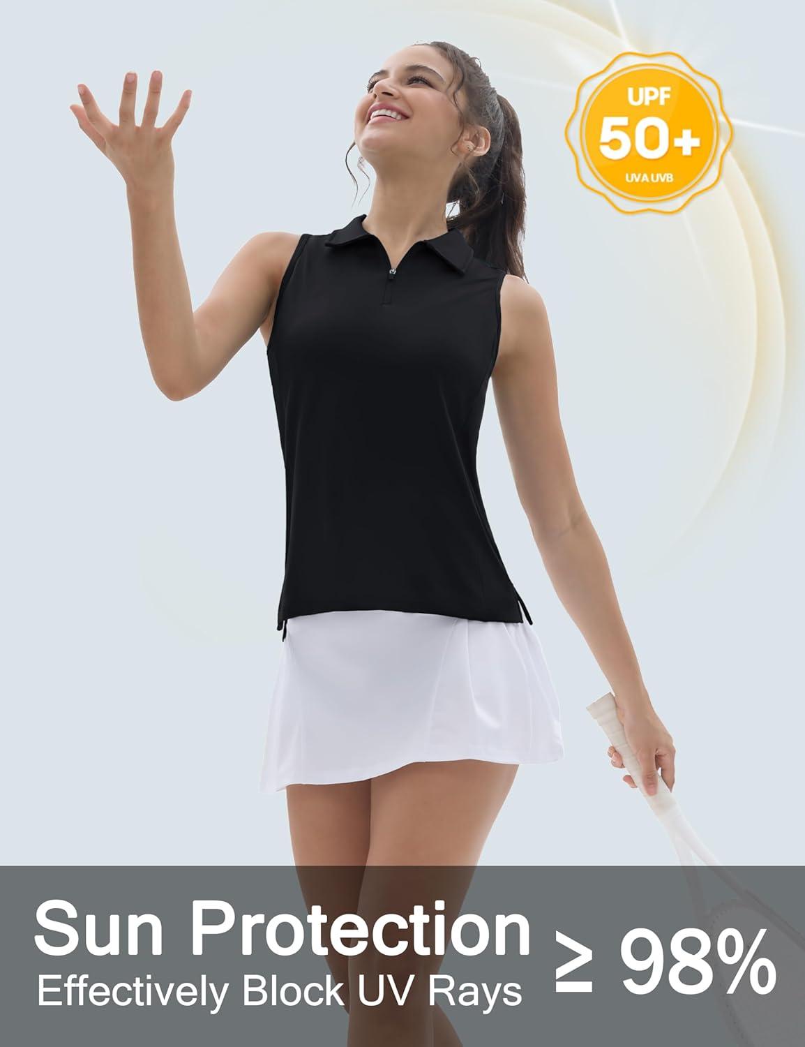 imageTACVASEN Womens Golf Shirts Sleeveless Racerback Polo Shirt UPF 50 Zip Up Moisture Wicking Workout Tennis Athletic Tank TopsBlack