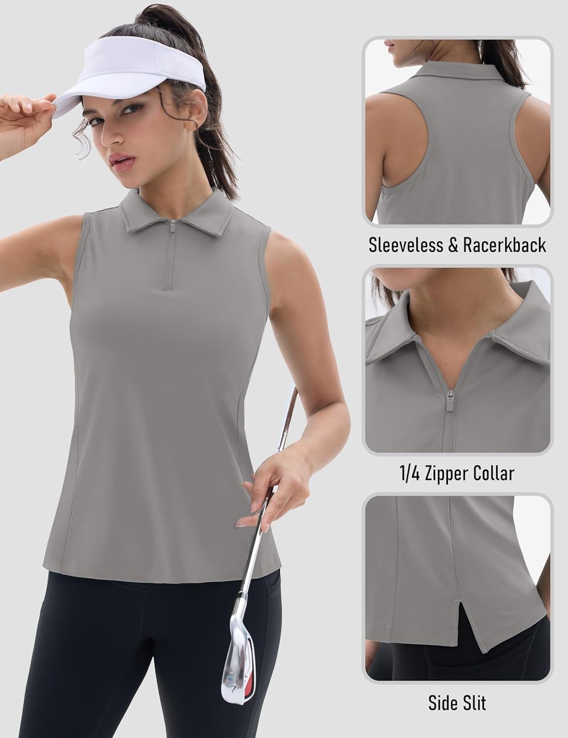 imageTACVASEN Womens Golf Shirts Sleeveless Racerback Polo Shirt UPF 50 Zip Up Moisture Wicking Workout Tennis Athletic Tank TopsBrightgray