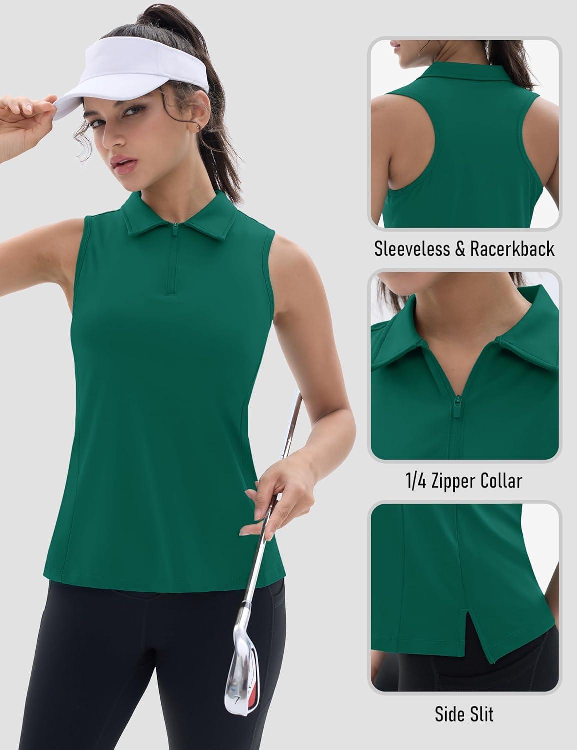 imageTACVASEN Womens Golf Shirts Sleeveless Racerback Polo Shirt UPF 50 Zip Up Moisture Wicking Workout Tennis Athletic Tank TopsEgreen