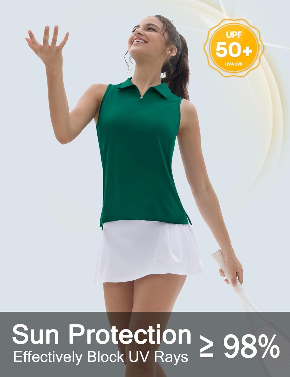 imageTACVASEN Womens Golf Shirts Sleeveless Racerback Polo Shirt UPF 50 Zip Up Moisture Wicking Workout Tennis Athletic Tank TopsEgreen