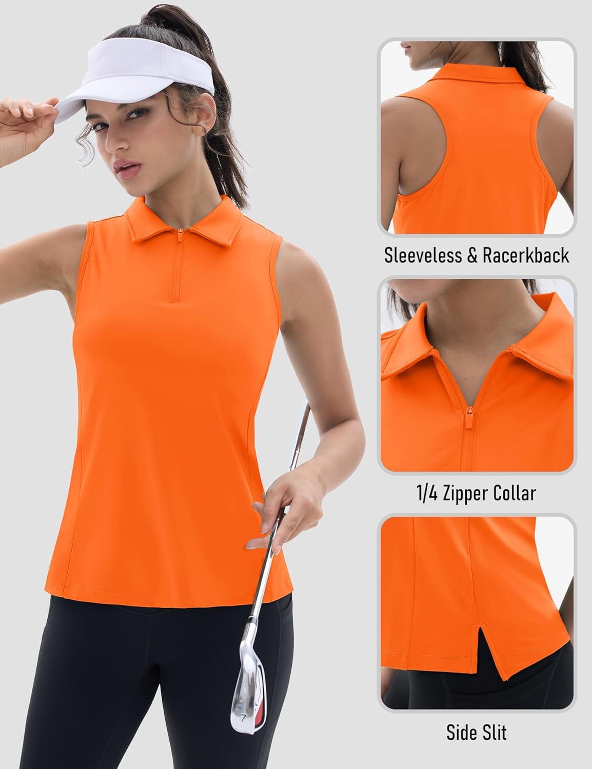 imageTACVASEN Womens Golf Shirts Sleeveless Racerback Polo Shirt UPF 50 Zip Up Moisture Wicking Workout Tennis Athletic Tank TopsFlorange