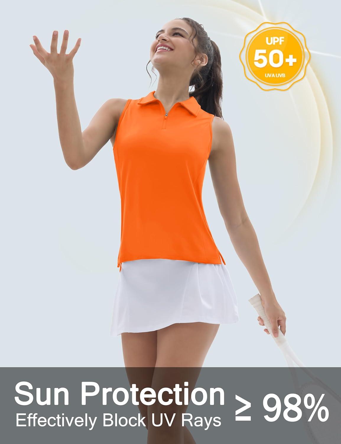 imageTACVASEN Womens Golf Shirts Sleeveless Racerback Polo Shirt UPF 50 Zip Up Moisture Wicking Workout Tennis Athletic Tank TopsFlorange
