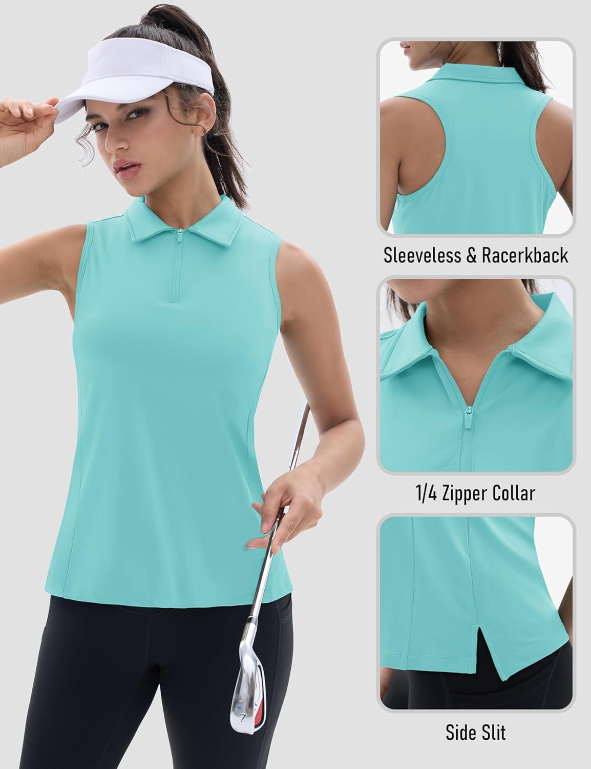 imageTACVASEN Womens Golf Shirts Sleeveless Racerback Polo Shirt UPF 50 Zip Up Moisture Wicking Workout Tennis Athletic Tank TopsLakeblue