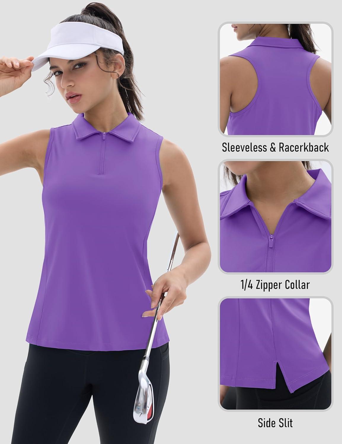 imageTACVASEN Womens Golf Shirts Sleeveless Racerback Polo Shirt UPF 50 Zip Up Moisture Wicking Workout Tennis Athletic Tank TopsLtpurple