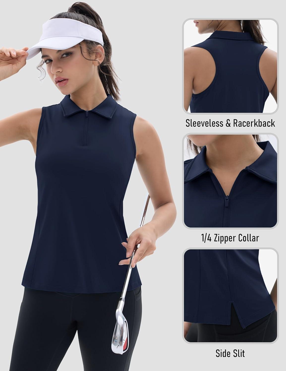 imageTACVASEN Womens Golf Shirts Sleeveless Racerback Polo Shirt UPF 50 Zip Up Moisture Wicking Workout Tennis Athletic Tank TopsNavy