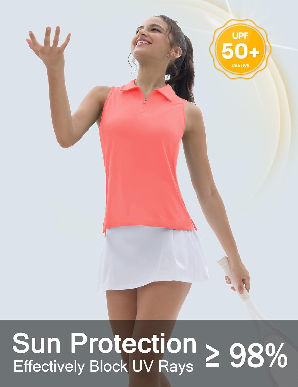 imageTACVASEN Womens Golf Shirts Sleeveless Racerback Polo Shirt UPF 50 Zip Up Moisture Wicking Workout Tennis Athletic Tank TopsPink