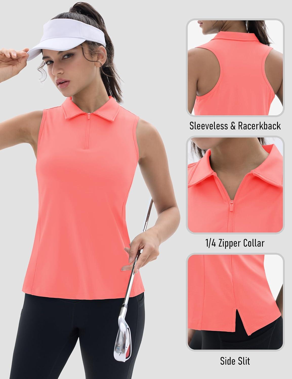 imageTACVASEN Womens Golf Shirts Sleeveless Racerback Polo Shirt UPF 50 Zip Up Moisture Wicking Workout Tennis Athletic Tank TopsPink