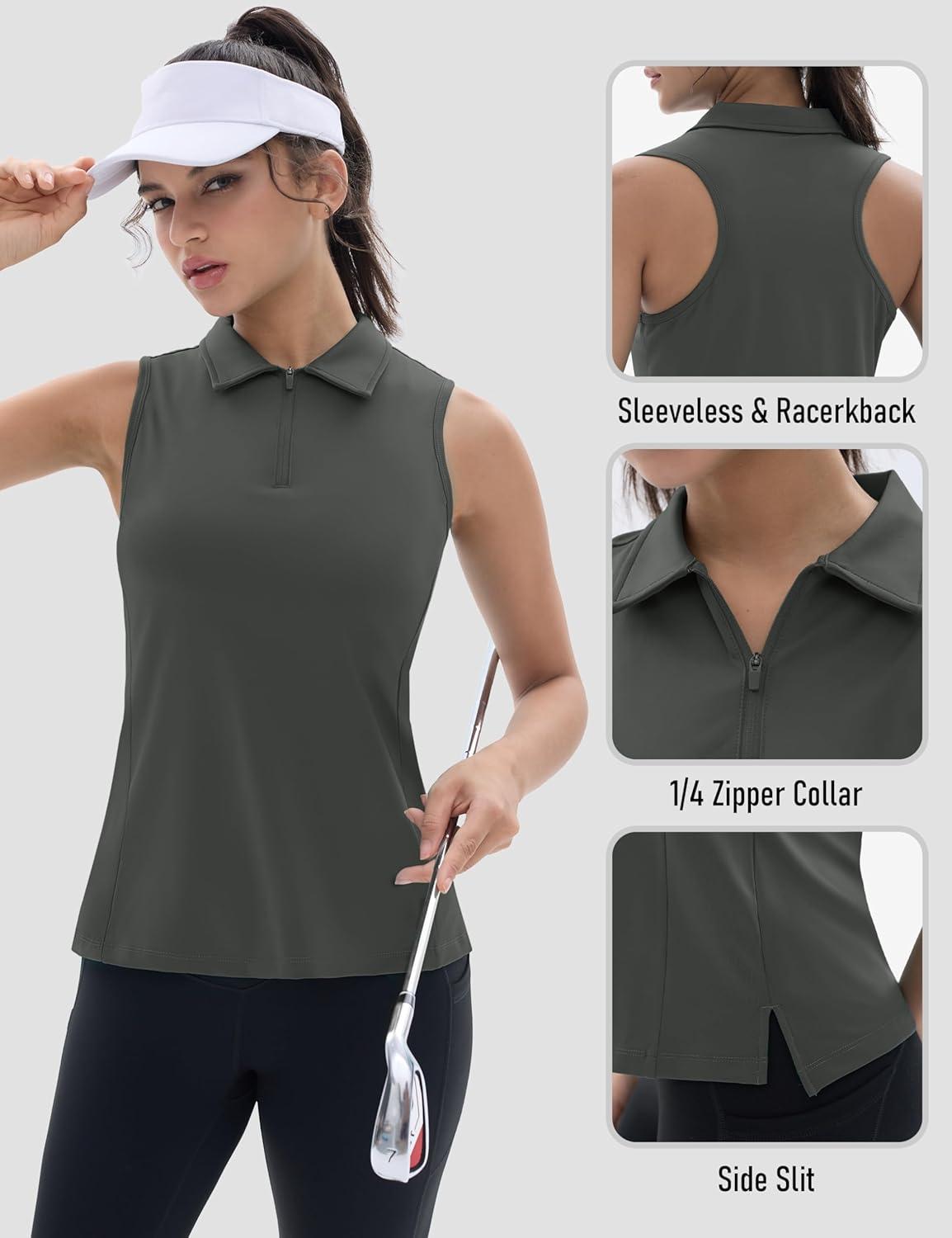 imageTACVASEN Womens Golf Shirts Sleeveless Racerback Polo Shirt UPF 50 Zip Up Moisture Wicking Workout Tennis Athletic Tank TopsSeagrey