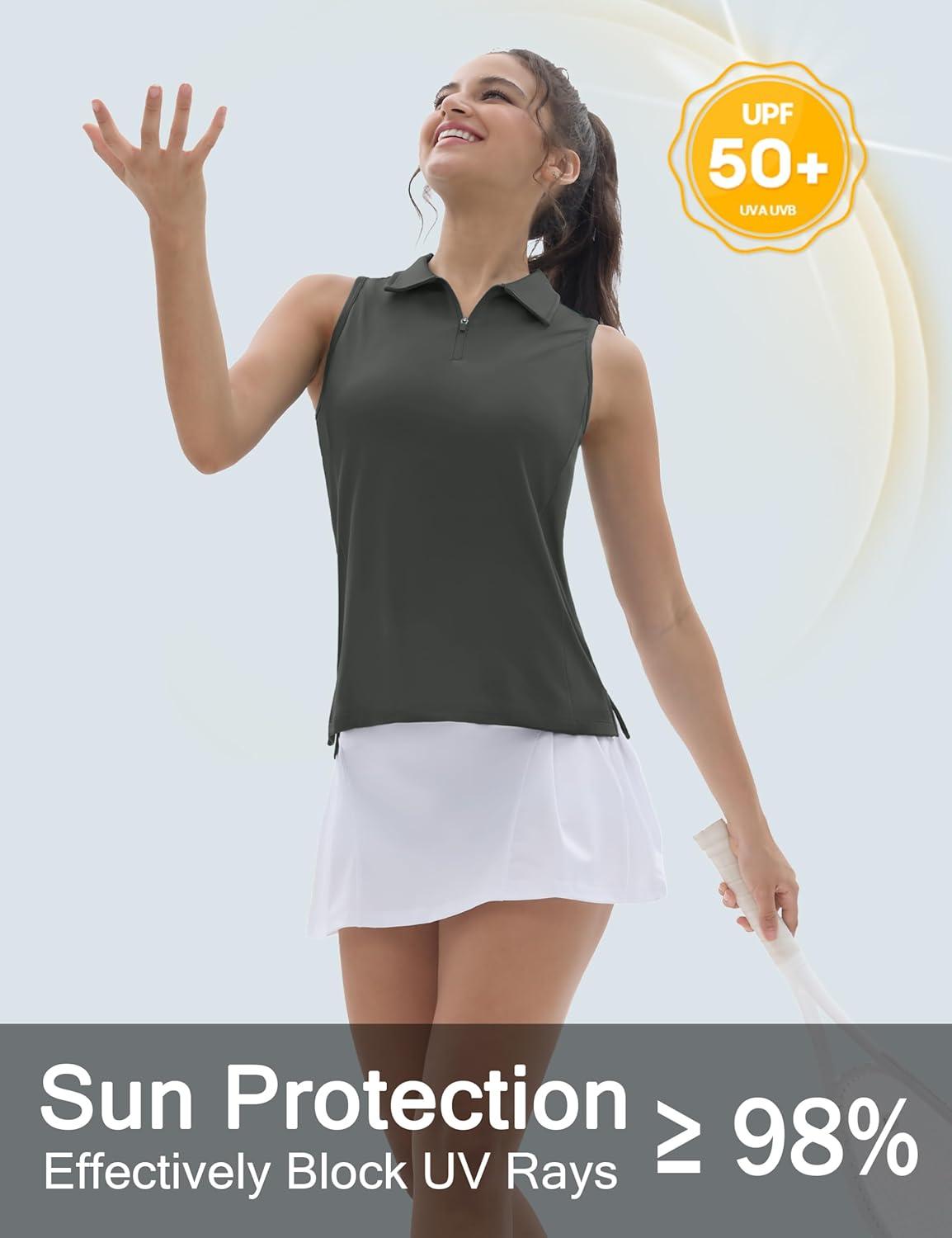 imageTACVASEN Womens Golf Shirts Sleeveless Racerback Polo Shirt UPF 50 Zip Up Moisture Wicking Workout Tennis Athletic Tank TopsSeagrey