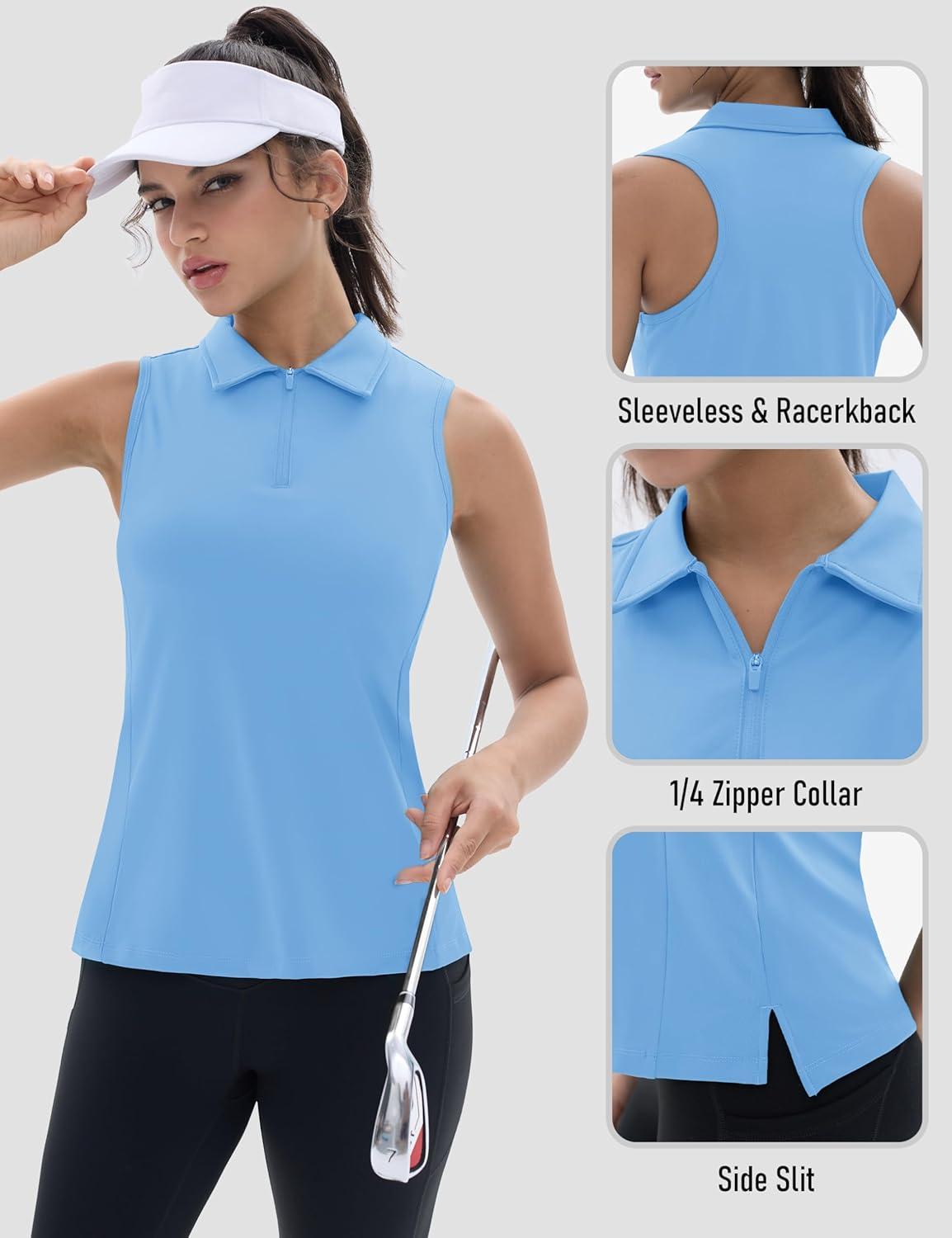 imageTACVASEN Womens Golf Shirts Sleeveless Racerback Polo Shirt UPF 50 Zip Up Moisture Wicking Workout Tennis Athletic Tank TopsWaterfblue