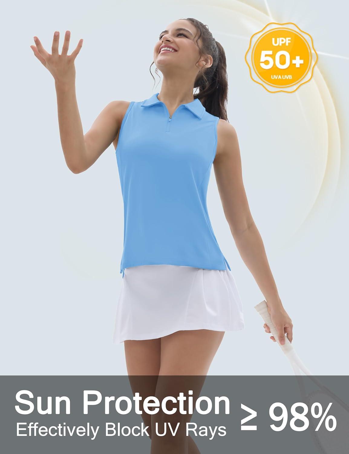 imageTACVASEN Womens Golf Shirts Sleeveless Racerback Polo Shirt UPF 50 Zip Up Moisture Wicking Workout Tennis Athletic Tank TopsWaterfblue