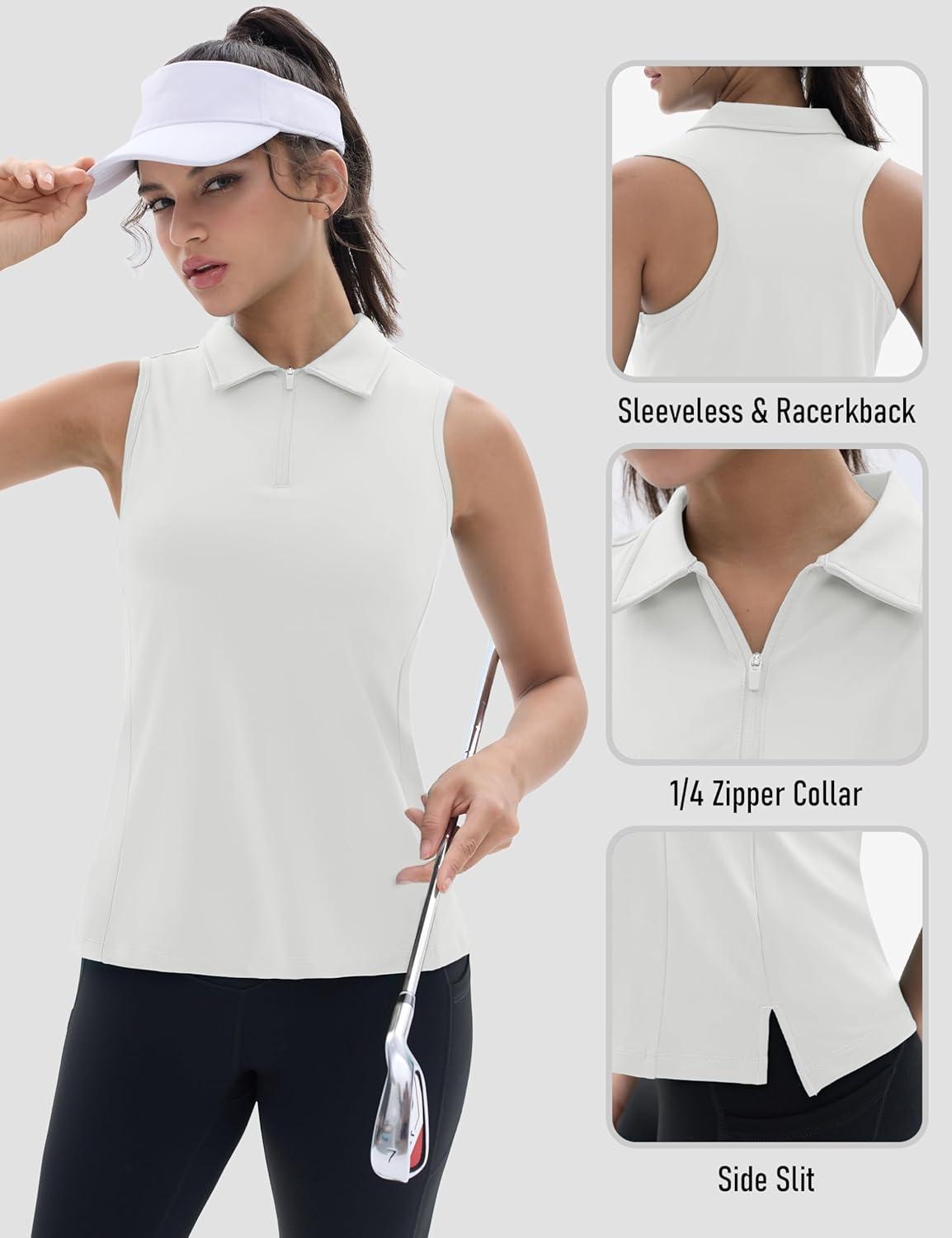 imageTACVASEN Womens Golf Shirts Sleeveless Racerback Polo Shirt UPF 50 Zip Up Moisture Wicking Workout Tennis Athletic Tank TopsWhite