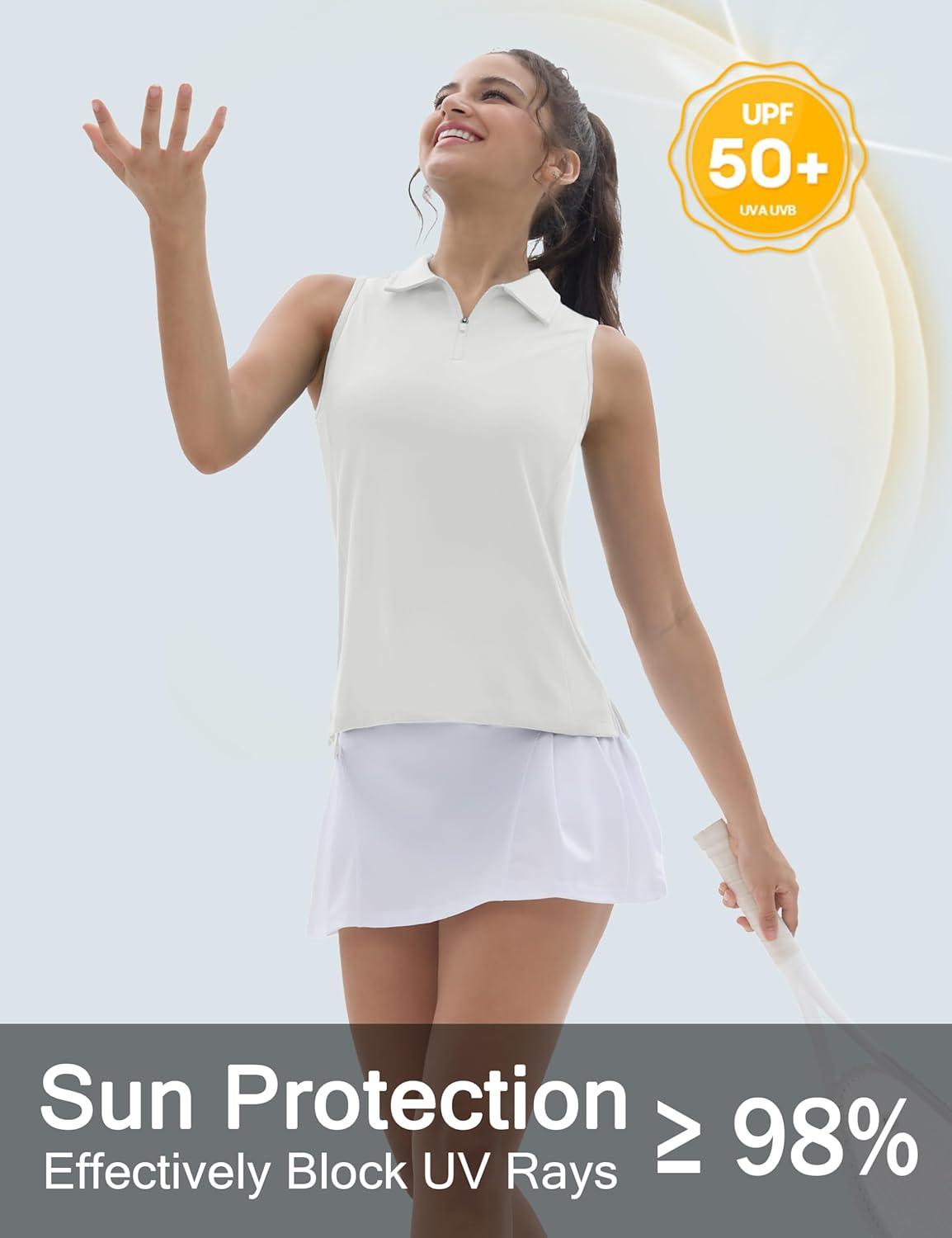 imageTACVASEN Womens Golf Shirts Sleeveless Racerback Polo Shirt UPF 50 Zip Up Moisture Wicking Workout Tennis Athletic Tank TopsWhite