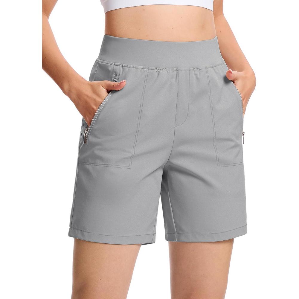 imageTACVASEN Womens 7 High Waisted Hiking Golf Shorts Lightweight Stretch Athletic Shorts Summer Outdoor with Zipper PocketsLgray