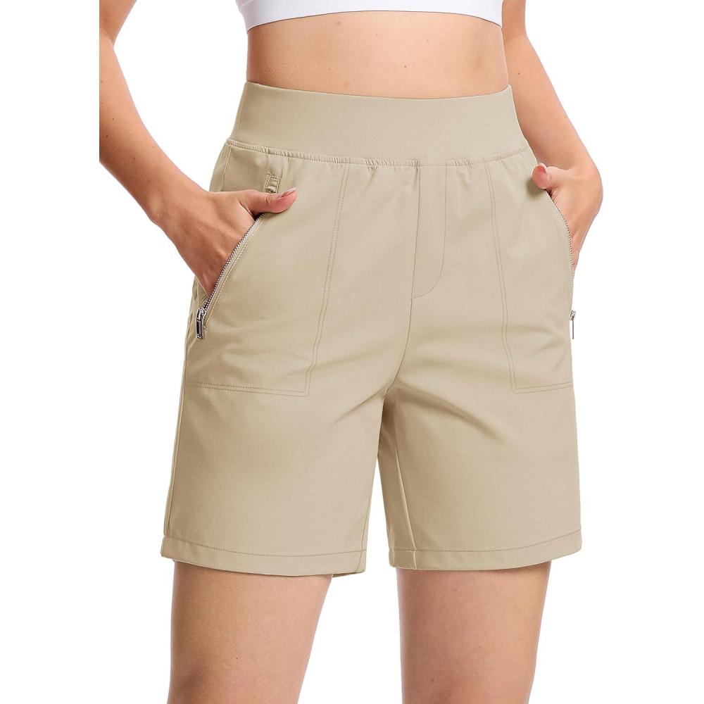 imageTACVASEN Womens 7 High Waisted Hiking Golf Shorts Lightweight Stretch Athletic Shorts Summer Outdoor with Zipper PocketsLightkhaki