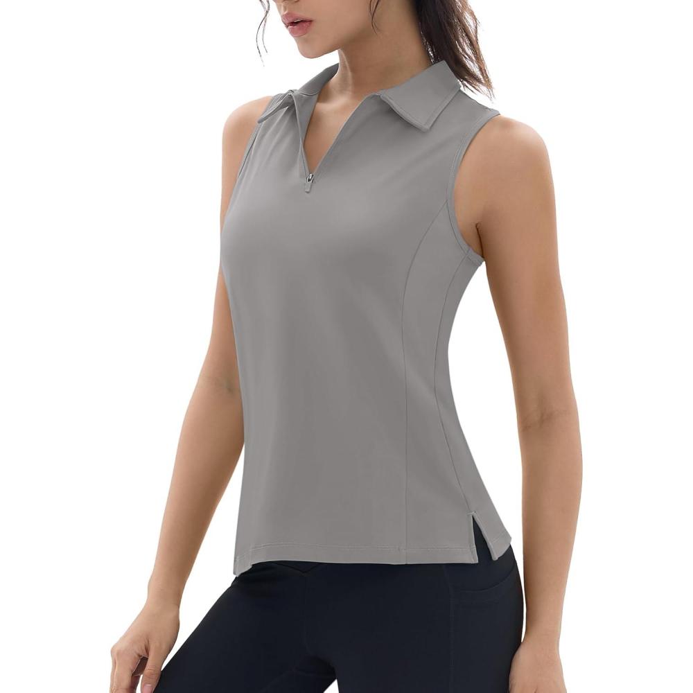 imageTACVASEN Womens Golf Shirts Sleeveless Racerback Polo Shirt UPF 50 Zip Up Moisture Wicking Workout Tennis Athletic Tank TopsBrightgray