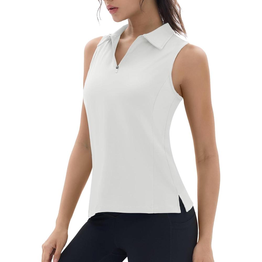 imageTACVASEN Womens Golf Shirts Sleeveless Racerback Polo Shirt UPF 50 Zip Up Moisture Wicking Workout Tennis Athletic Tank TopsWhite