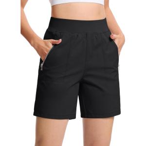 imageTACVASEN Womens 7 High Waisted Hiking Golf Shorts Lightweight Stretch Athletic Shorts Summer Outdoor with Zipper PocketsBlack