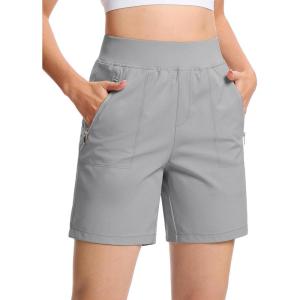 imageTACVASEN Womens 7 High Waisted Hiking Golf Shorts Lightweight Stretch Athletic Shorts Summer Outdoor with Zipper PocketsLgray