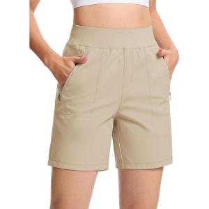 imageTACVASEN Womens 7 High Waisted Hiking Golf Shorts Lightweight Stretch Athletic Shorts Summer Outdoor with Zipper PocketsLightkhaki