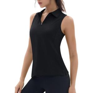 imageTACVASEN Womens Golf Shirts Sleeveless Racerback Polo Shirt UPF 50 Zip Up Moisture Wicking Workout Tennis Athletic Tank TopsBlack