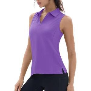 imageTACVASEN Womens Golf Shirts Sleeveless Racerback Polo Shirt UPF 50 Zip Up Moisture Wicking Workout Tennis Athletic Tank TopsLtpurple