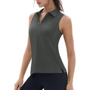 imageTACVASEN Womens Golf Shirts Sleeveless Racerback Polo Shirt UPF 50 Zip Up Moisture Wicking Workout Tennis Athletic Tank TopsSeagrey