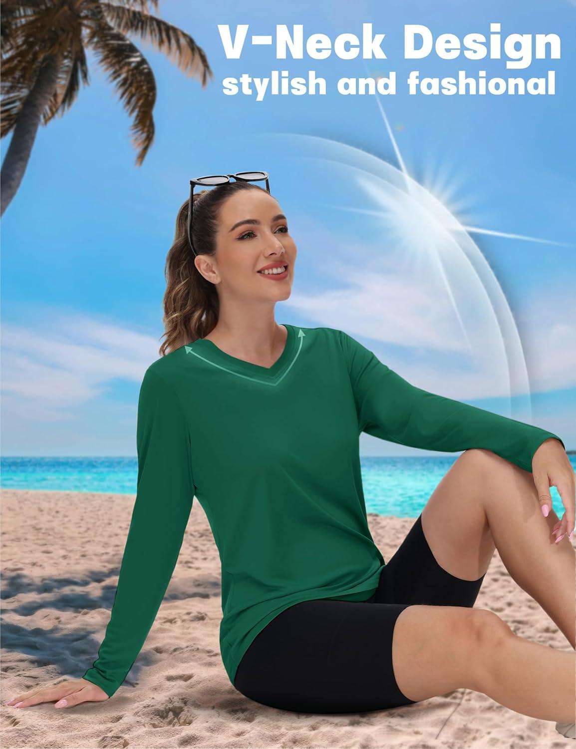 imageTACVASEN Womens Long Sleeve V Neck Workout Tops UPF 50 Sun Protection Quick Dry Lightweight Hiking Running TShirtsEgreen
