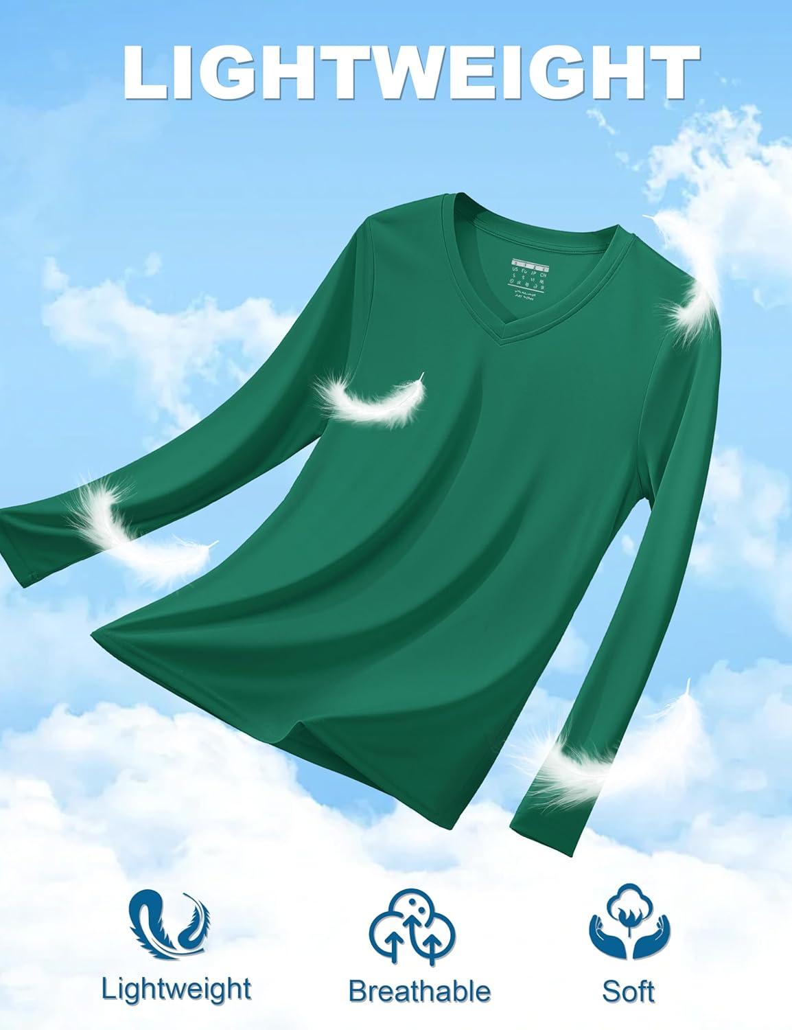 imageTACVASEN Womens Long Sleeve V Neck Workout Tops UPF 50 Sun Protection Quick Dry Lightweight Hiking Running TShirtsEgreen