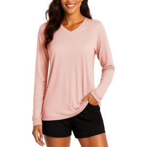 imageTACVASEN Womens Long Sleeve V Neck Workout Tops UPF 50 Sun Protection Quick Dry Lightweight Hiking Running TShirtsApricot