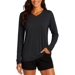 imageTACVASEN Womens Long Sleeve V Neck Workout Tops UPF 50 Sun Protection Quick Dry Lightweight Hiking Running TShirtsBlack
