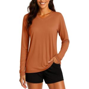 imageTACVASEN Womens Long Sleeve V Neck Workout Tops UPF 50 Sun Protection Quick Dry Lightweight Hiking Running TShirtsDark Orange