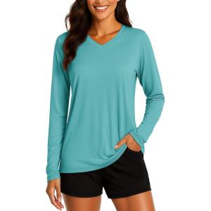 imageTACVASEN Womens Long Sleeve V Neck Workout Tops UPF 50 Sun Protection Quick Dry Lightweight Hiking Running TShirtsGray Green