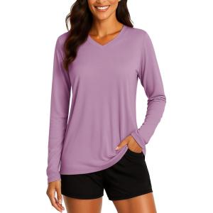 imageTACVASEN Womens Long Sleeve V Neck Workout Tops UPF 50 Sun Protection Quick Dry Lightweight Hiking Running TShirtsGray Purple