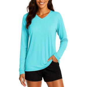 imageTACVASEN Womens Long Sleeve V Neck Workout Tops UPF 50 Sun Protection Quick Dry Lightweight Hiking Running TShirtsLake Blue