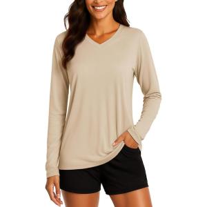 imageTACVASEN Womens Long Sleeve V Neck Workout Tops UPF 50 Sun Protection Quick Dry Lightweight Hiking Running TShirtsLight Apricot