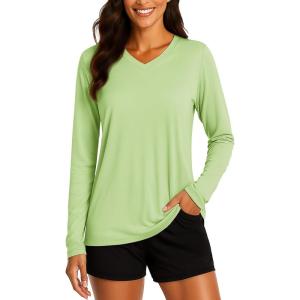 imageTACVASEN Womens Long Sleeve V Neck Workout Tops UPF 50 Sun Protection Quick Dry Lightweight Hiking Running TShirtsLight Green