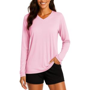 imageTACVASEN Womens Long Sleeve V Neck Workout Tops UPF 50 Sun Protection Quick Dry Lightweight Hiking Running TShirtsLight Pink