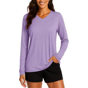 imageTACVASEN Womens Long Sleeve V Neck Workout Tops UPF 50 Sun Protection Quick Dry Lightweight Hiking Running TShirtsLight Purple