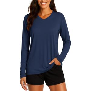 imageTACVASEN Womens Long Sleeve V Neck Workout Tops UPF 50 Sun Protection Quick Dry Lightweight Hiking Running TShirtsNavy