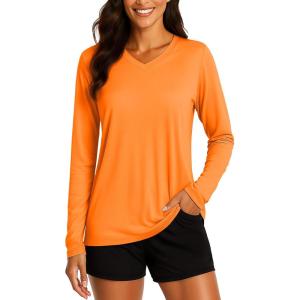 imageTACVASEN Womens Long Sleeve V Neck Workout Tops UPF 50 Sun Protection Quick Dry Lightweight Hiking Running TShirtsOrange