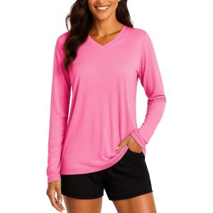 imageTACVASEN Womens Long Sleeve V Neck Workout Tops UPF 50 Sun Protection Quick Dry Lightweight Hiking Running TShirtsRose Red