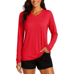 imageTACVASEN Womens Long Sleeve V Neck Workout Tops UPF 50 Sun Protection Quick Dry Lightweight Hiking Running TShirtsTomato Red