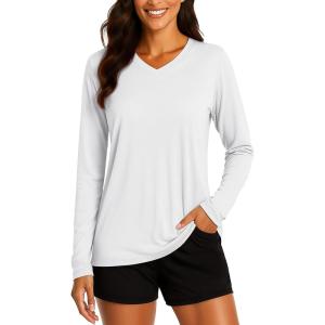 imageTACVASEN Womens Long Sleeve V Neck Workout Tops UPF 50 Sun Protection Quick Dry Lightweight Hiking Running TShirtsWhite