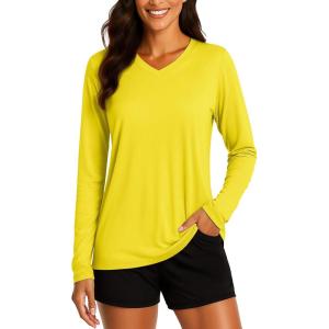 imageTACVASEN Womens Long Sleeve V Neck Workout Tops UPF 50 Sun Protection Quick Dry Lightweight Hiking Running TShirtsYellow
